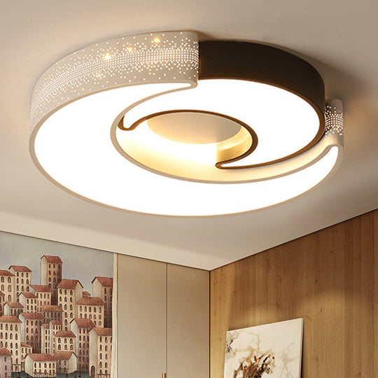 Contemporary 2 - Moon Led Flush Ceiling Light For Kid’s Bedroom - Metal Acrylic Black & White /