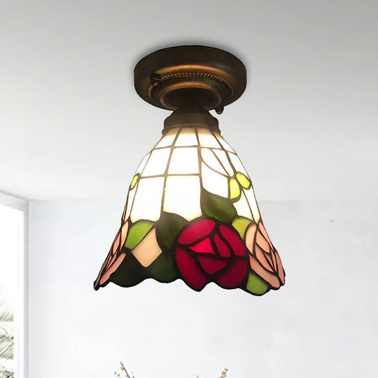 Tiffany Stained Glass Ceiling Mount Light For Cloth Shop – 1-Head Flower/Bird/Phoenix Design In