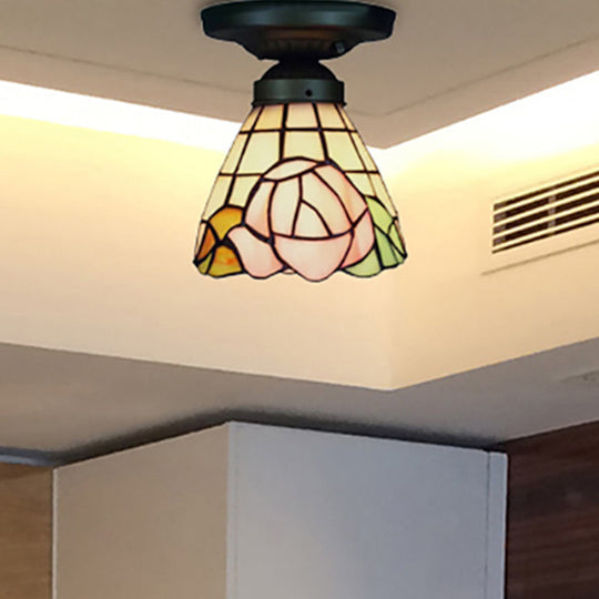 Tiffany Stained Glass Ceiling Mount Light For Cloth Shop – 1-Head Flower/Bird/Phoenix Design In