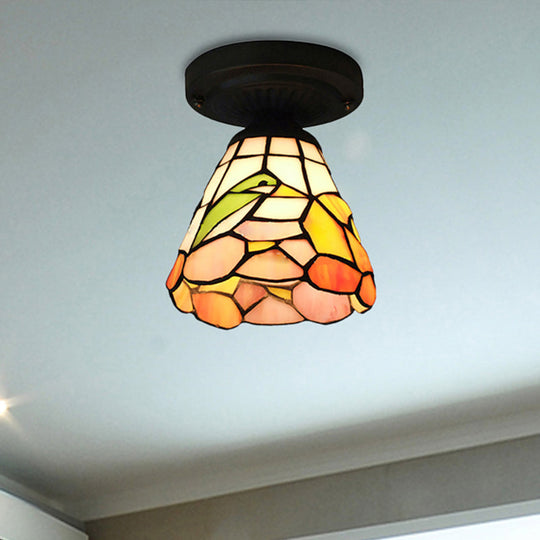 Tiffany Stained Glass Ceiling Mount Light For Cloth Shop 1-Head Flower/Bird/Phoenix Design In Black