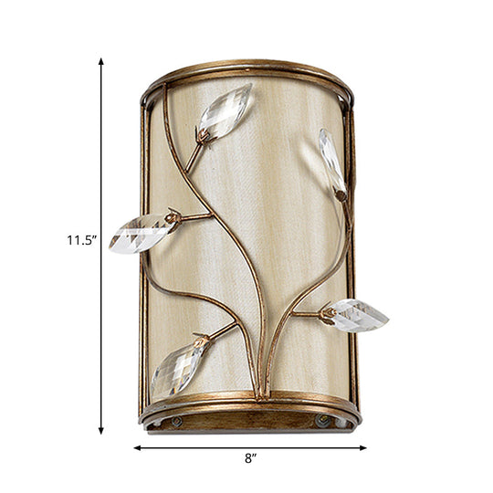 Vintage Metal Cylinder Wall Lamp Sconce With Crystal Leaf Deco In Brass Finish - 1/3-Light Lighting