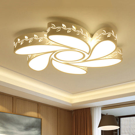 Modern White Metal Hollow Floral Flush Ceiling Light With Led For Bedroom / 19.5 Warm