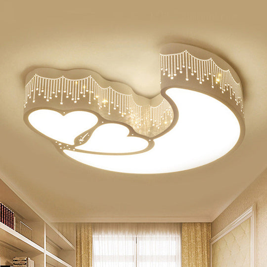 Kid Bedroom Led Flush Ceiling Lamp - Contemporary Heart & Crescent Design In White