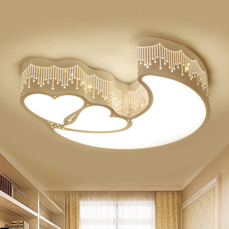 Kid Bedroom Led Flush Ceiling Lamp - Contemporary Heart & Crescent Design In White