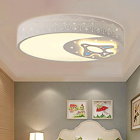Rocket Metal Ceiling Lamp For Game Room - Stylish White Moon Flush Mount Light /
