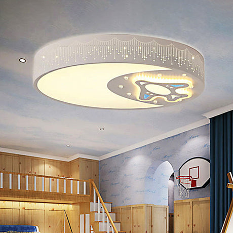 Rocket Metal Ceiling Lamp For Game Room - Stylish White Moon Flush Mount Light