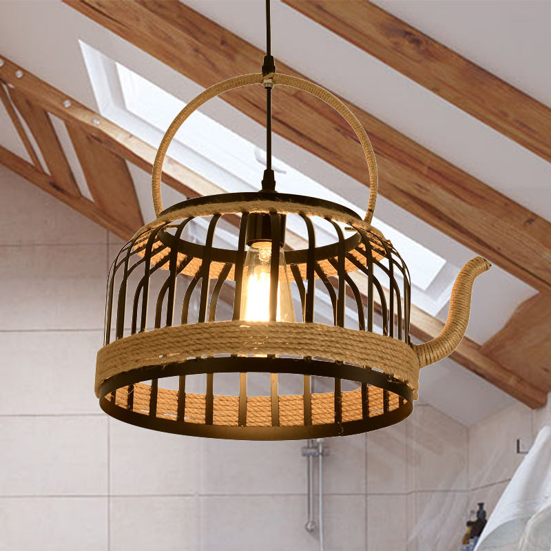 Vintage Kettle Cage Pendant Light - Metal & Rope Hanging Lamp In Beige Ideal For Restaurants