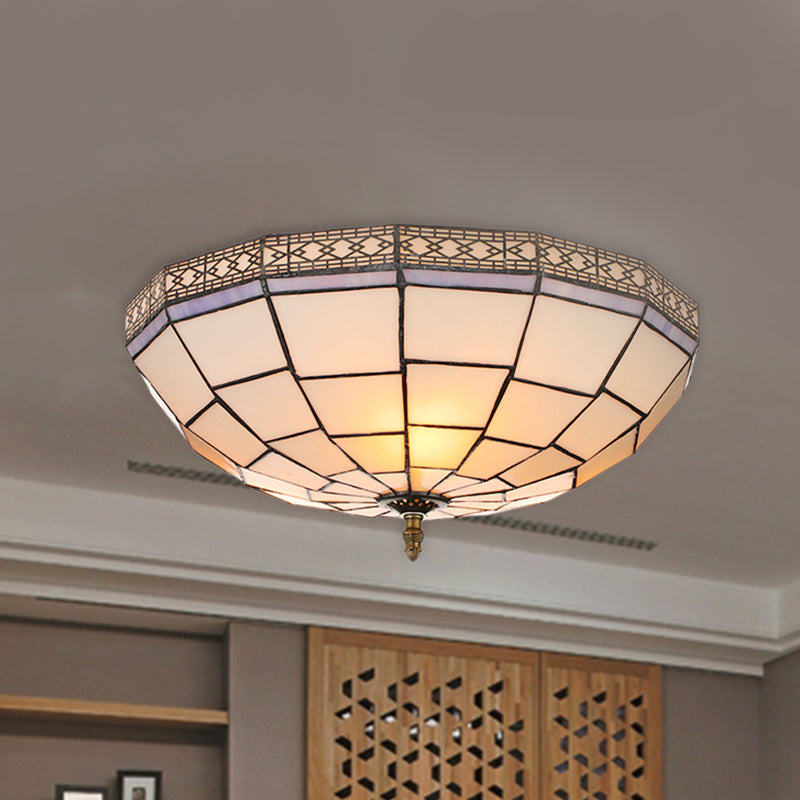 Bowl Flush Ceiling Light 8/8.5/10 Stained Glass 3 Lights In Beige - Traditional Lighting For Living