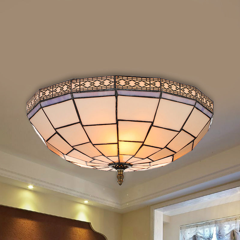 Bowl Flush Ceiling Light 8’/8.5’/10’ Stained Glass 3 Lights In Beige - Traditional Lighting