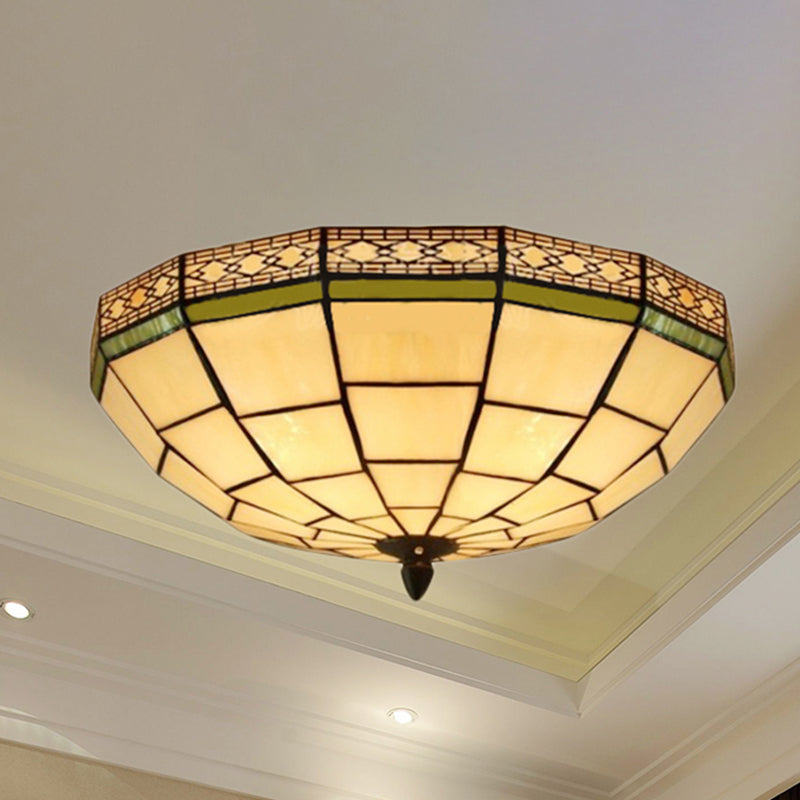 Bowl Flush Ceiling Light 8’/8.5’/10’ Stained Glass 3 Lights In Beige - Traditional Lighting