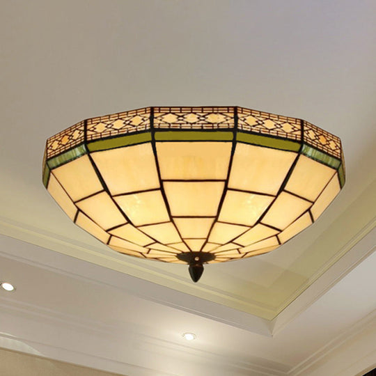 Bowl Flush Ceiling Light 8’/8.5’/10’ Stained Glass 3 Lights In Beige - Traditional Lighting