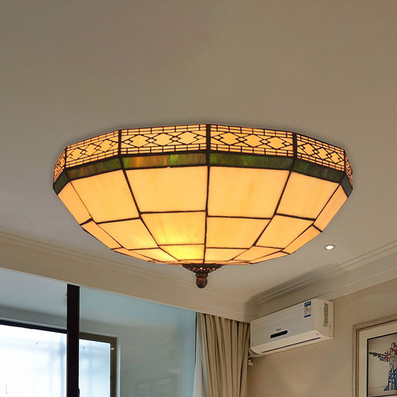 Bowl Flush Ceiling Light 8’/8.5’/10’ Stained Glass 3 Lights In Beige - Traditional Lighting