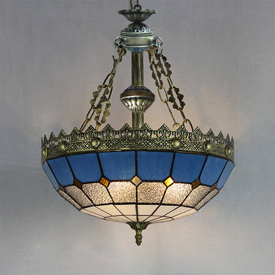 Adjustable Stained Glass Ceiling Pendant - Mediterranean Bowl Drop Light With Metal Chain