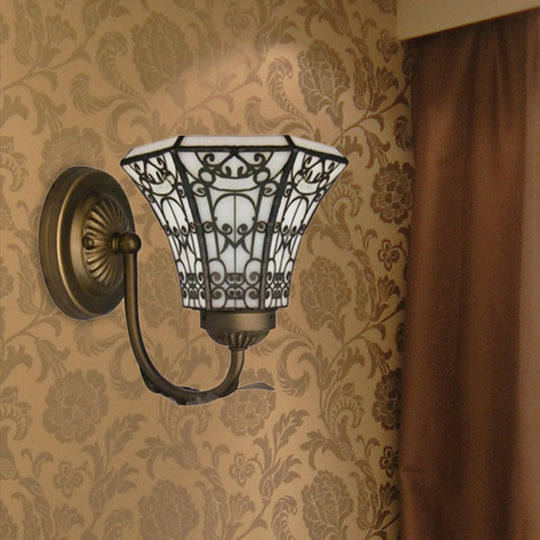 Tiffany Style Mini Wall Sconce: Curved Brass Arm 1 Light Art Glass Lighting