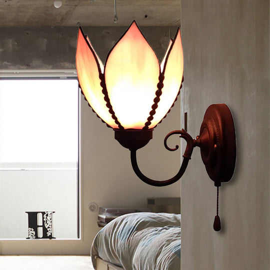 Petal Wall Lamp With Stained Glass And Curved Arm - Rustic Pull Chain Lighting