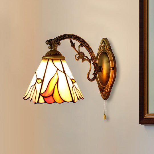 Antique Brass Floral Wall Light For Bedroom - Lodge Tiffany 1-Light Mount Beige / With Switch