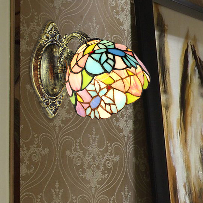Tiffany Stained Glass Wall Sconce With Curved Brass Arm & One Light