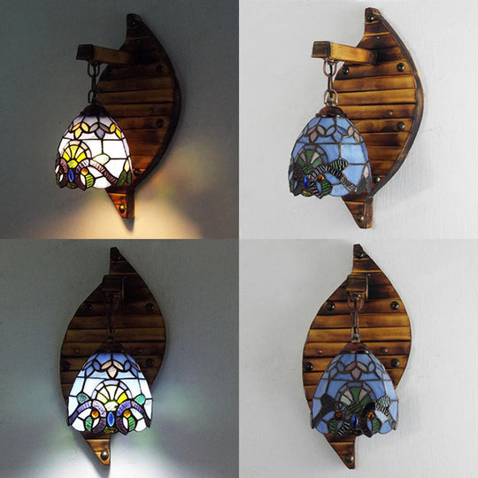 Tiffany Stained Glass Scallop Wall Light: Colorful Blue-White/Red/Blue/Purple Mount Fixture For
