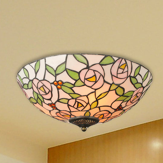 Tiffany Style Stained Glass Flushmount Light: Bowl Flower Ceiling Fixture Multicolor 3 Lights Green