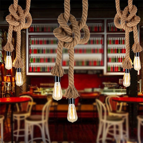 Vintage Style Rope Pendant Light With Open Bulbs - Brown 2 Heads Ideal For Bars