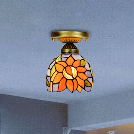 Rustic Orange 6-Inch Stained Glass Sunflower Ceiling Lamp - Flush Mount Ideal For Corridors