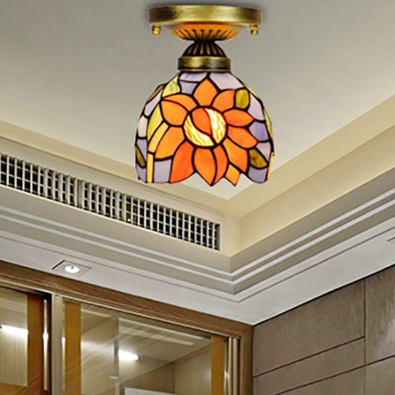 Rustic Orange Sunflower Stained Glass Flush Ceiling Light - 6-Inch 1 Head Ideal For Corridor