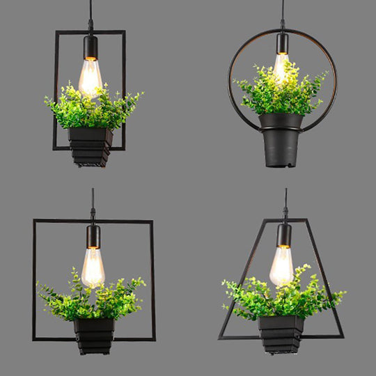 Vintage Style Black Metal Pendant Light With Planter And Frame - Triangle/Round Hanging Design For