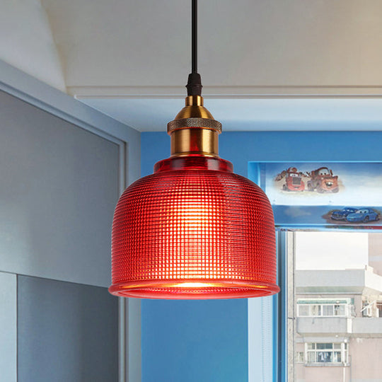 Industrial Brass Prismatic Glass Dome Pendant Light In Red/Bronze/Blue