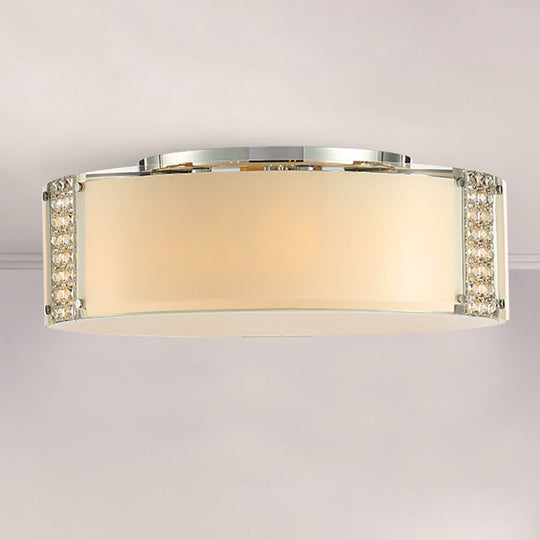 Modern Opal Glass Flush Mount Ceiling Light With Clear Crystal Accents - 8 Lights Drum Fixture