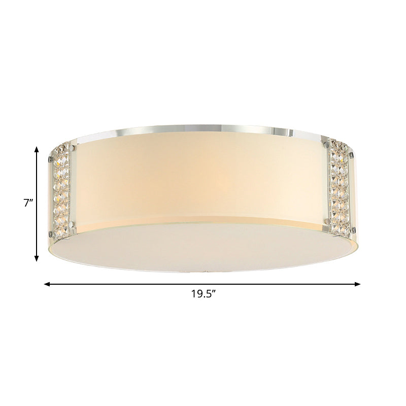 Modern Opal Glass Flush Mount Ceiling Light With Clear Crystal Accents - 8 Lights Drum Fixture