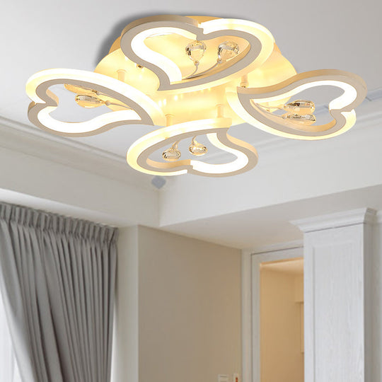 White Heart Shape Led Acrylic Ceiling Lamp - Modern Semi Flush Light With Crystal Accent