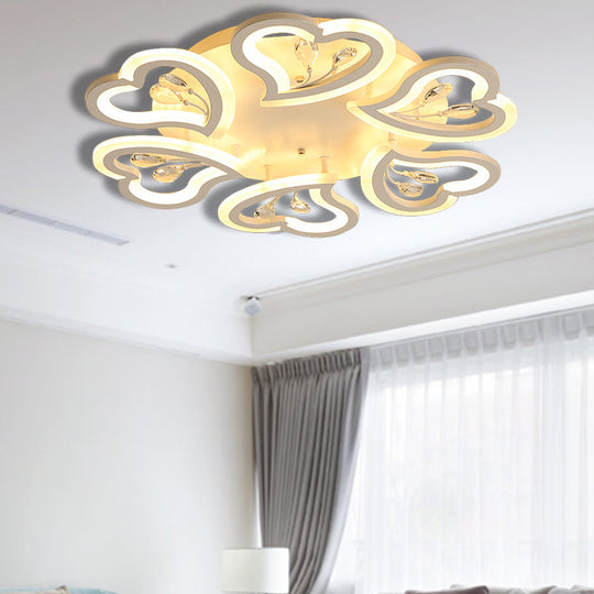 White Heart Shape Led Acrylic Ceiling Lamp - Modern Semi Flush Light With Crystal Accent