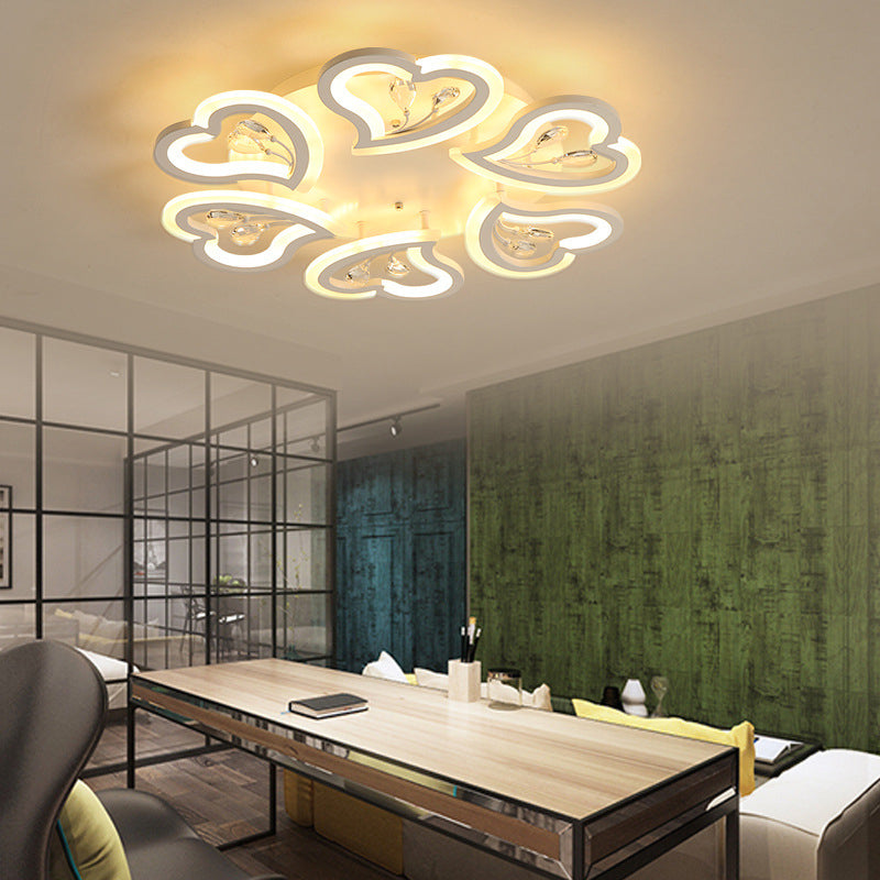 White Heart Shape Led Acrylic Ceiling Lamp - Modern Semi Flush Light With Crystal Accent
