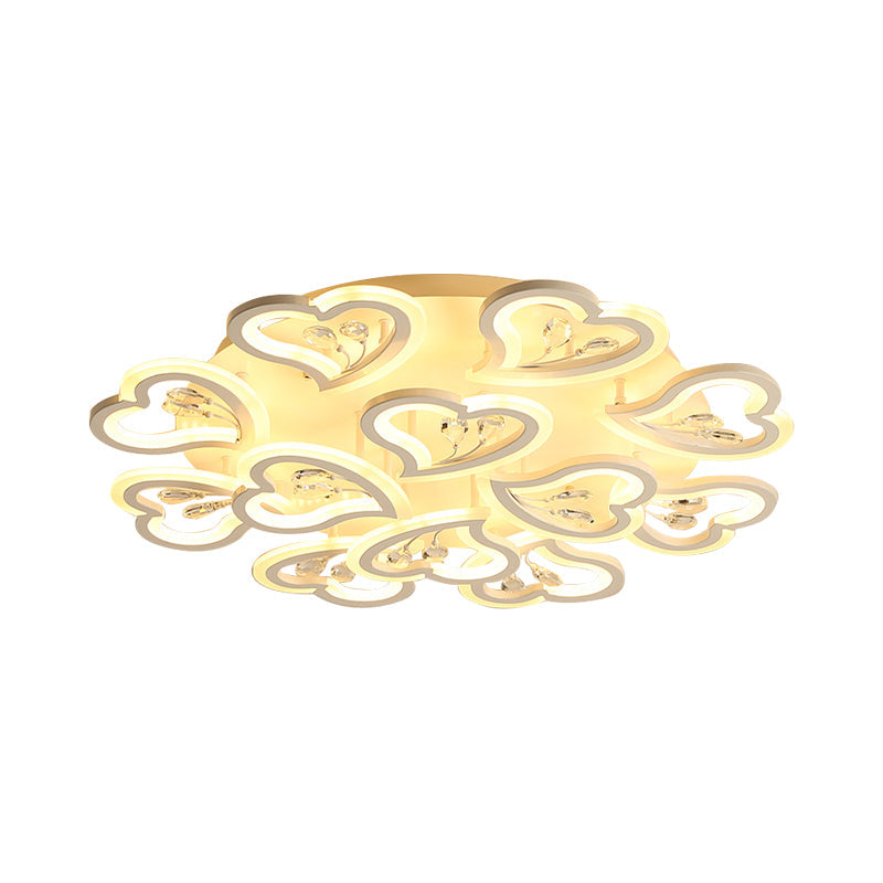 White Heart Shape Led Acrylic Ceiling Lamp - Modern Semi Flush Light With Crystal Accent