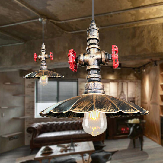 Rustic Brass Scalloped Ceiling Pendant Light With Pipe And Valve