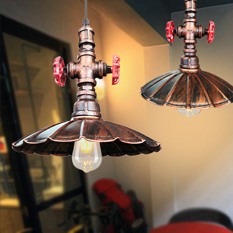 Rustic Brass Scalloped Ceiling Pendant Light With Pipe And Valve