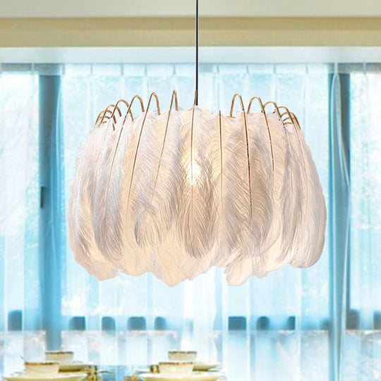 Romantic Feather & Metal Pendant Light For Adult Bedroom White 1-Light Drum Suspension / 19.5