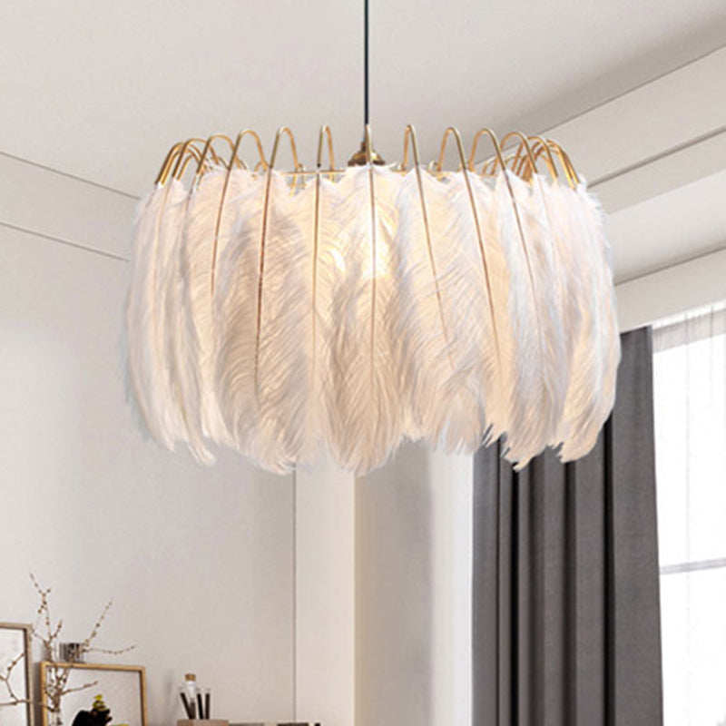 Romantic Feather & Metal Pendant Light For Adult Bedroom White 1-Light Drum Suspension
