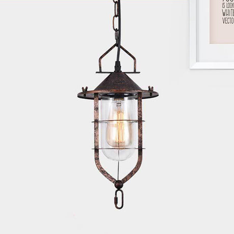 Vintage Black/Rust Cone Ceiling Pendant Lamp With Clear Glass & Cage - Ideal For Living Room