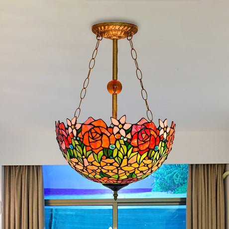 Rustic Blossom Tiffany Ceiling Lamp - Stained Glass Inverted Semi Flush Light In Orange-Red Orange