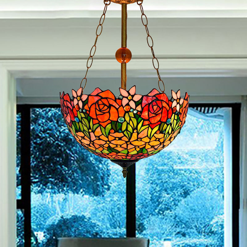 Rustic Blossom Stained Glass Ceiling Lamp In Orange-Red By Tiffany