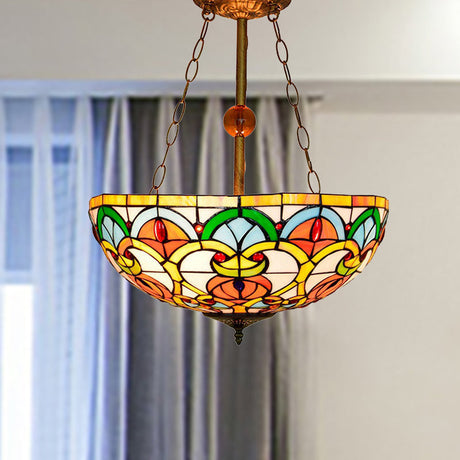 Tiffany Victorian Stained Glass Inverted Ceiling Lamp - Multi-Colored Bowl Mount Light For Bedroom