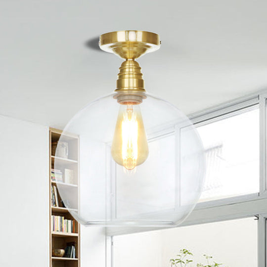 Spherical Brass Industrial Semi Flush Light: Clear/Amber Glass Ceiling Mount 8’/10’/12’ Wide