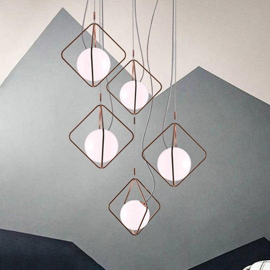 Modern Square Suspension Light With Metal & Glass Orb Shade In White – Ideal For Living Room / 10’