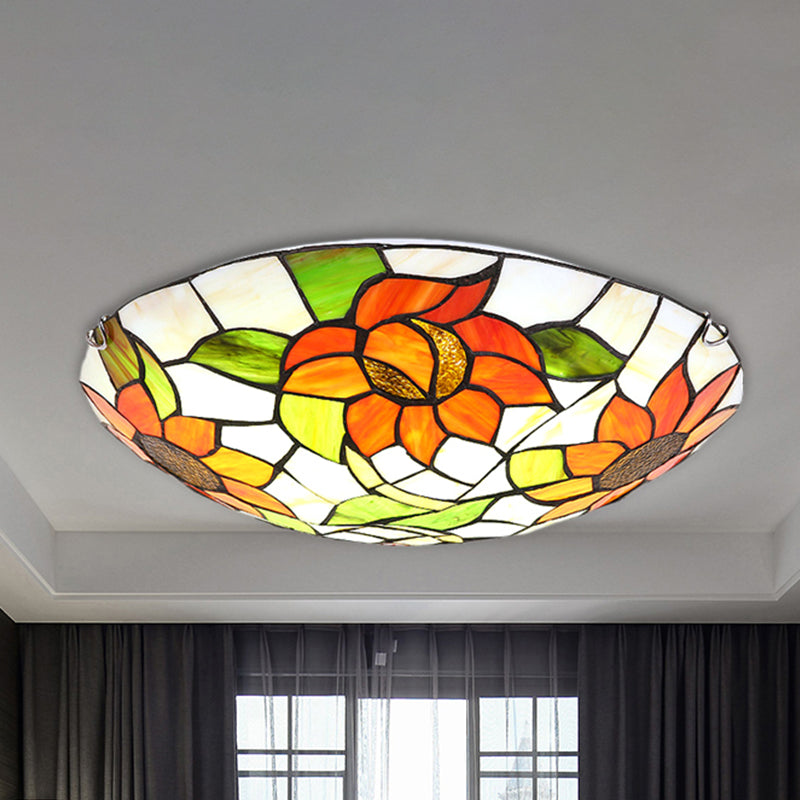 Sunflower Pattern Stained Glass Orange Flush Mount Ceiling Lamp - Hotel Dome Light