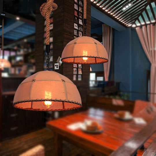 Lodge Style Hanging Fabric And Rope Pendant Light - 14’/18’ Dome Shade In Beige For Restaurants