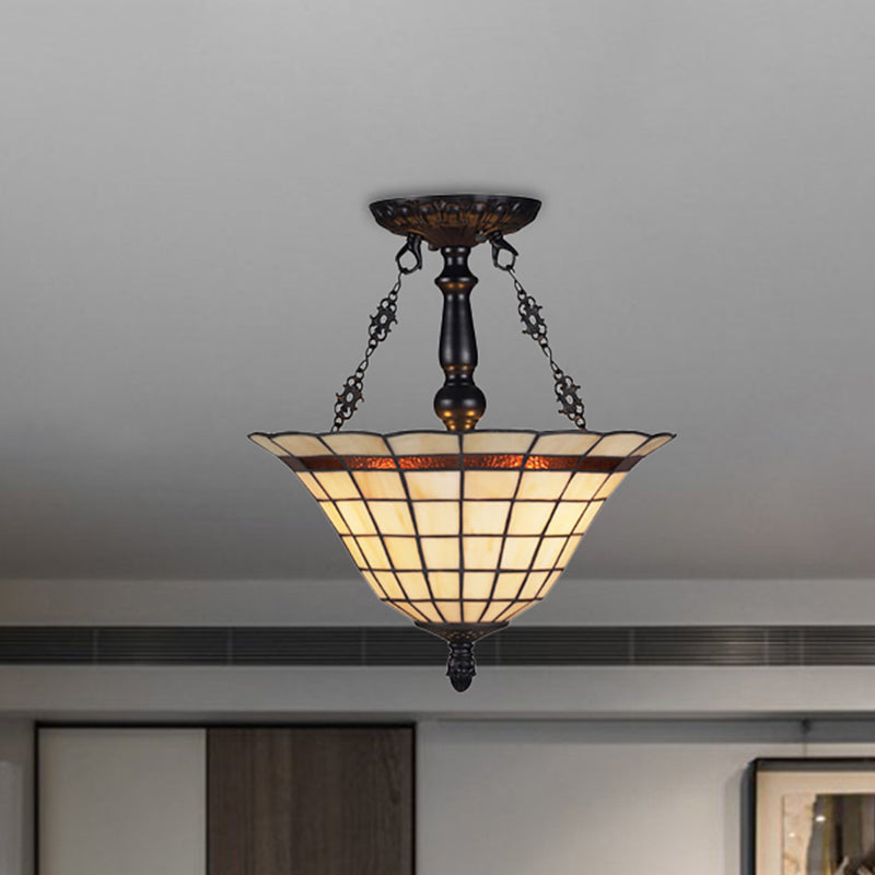 Tiffany Antique Glass Bell Chandelier – Beige Inverted Pendant Light For Restaurants