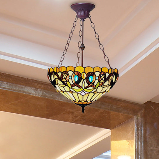 Inverted Tiffany Style Stained Glass Bedroom Chandelier In Yellow By Victoria Design