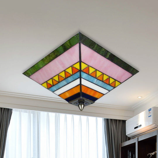 Craftsman Stained Glass Flush Ceiling Light - Multicolored Pyramid Design 2 Bulbs Foyer Mount