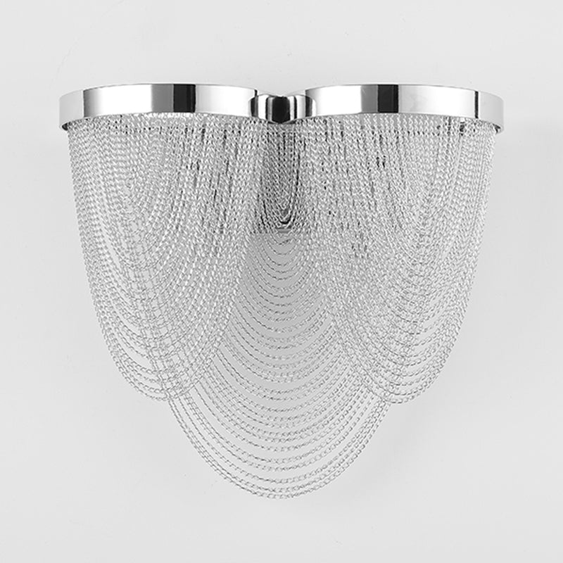 Chrome Wall Sconce Light With Metal Chain Shade - Postmodern Design 2 Lights Ideal For Bedroom